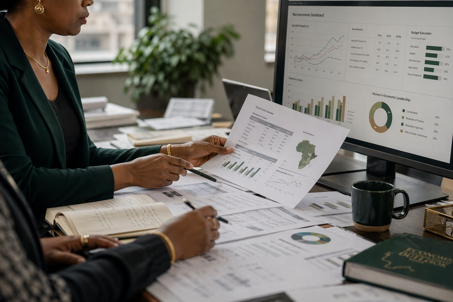 Economic policy analysts reviewing charts, dashboards, and leadership data.