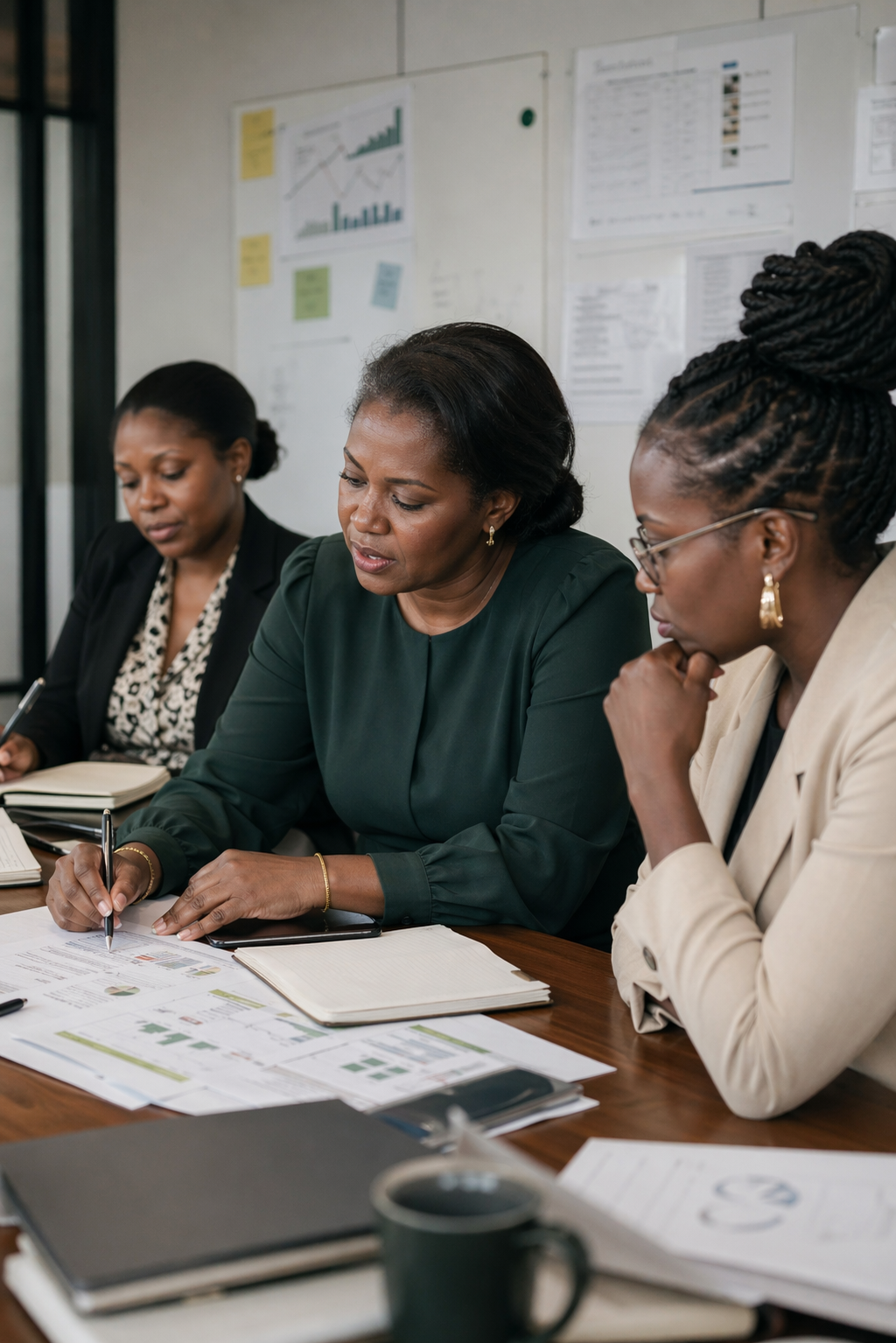 African women in a leadership development session reviewing printed charts and strategy notes.