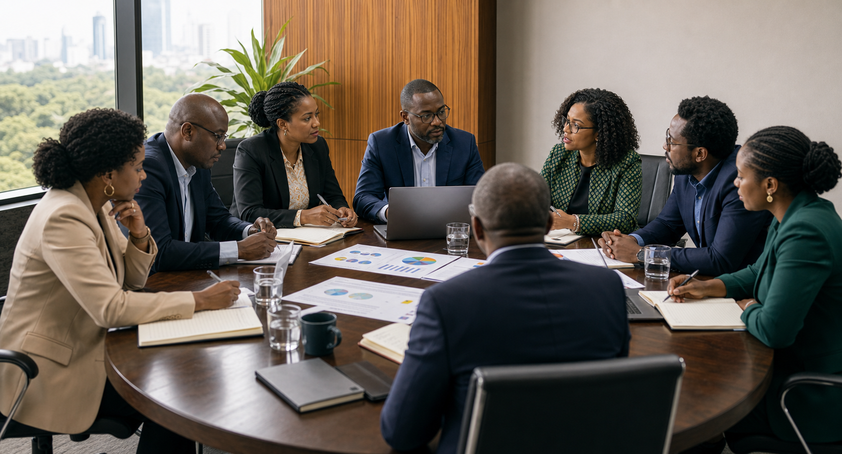 Women and men in equal measure working through an economic policy problem in a boardroom.